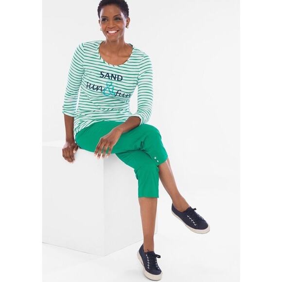 Chico’s Zenergy Sand Sun & Fun Green White‎ Stripe Shirt Top Womens Small (504) - Picture 3 of 7